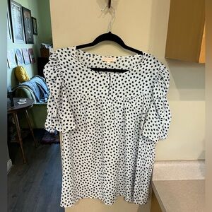 Blousology Blue/White/Black Polka Dotted Blouse with Ruffle Sleeves Size 2X